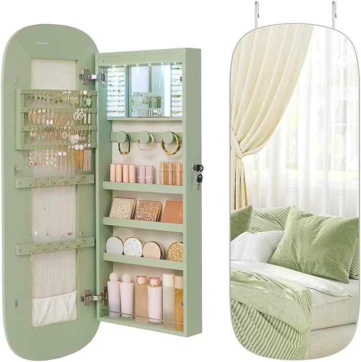 SONGMICS Jewelry Organizer, LED Jewelry Cabinet Wall/Door Mounted, Lockable Rounded Wide Mirror with Storage, Interior Mirror, 3.9 x 16.5 x 42.5 Inches, Laurel Green Surface with Cream White Lining - Product Image
