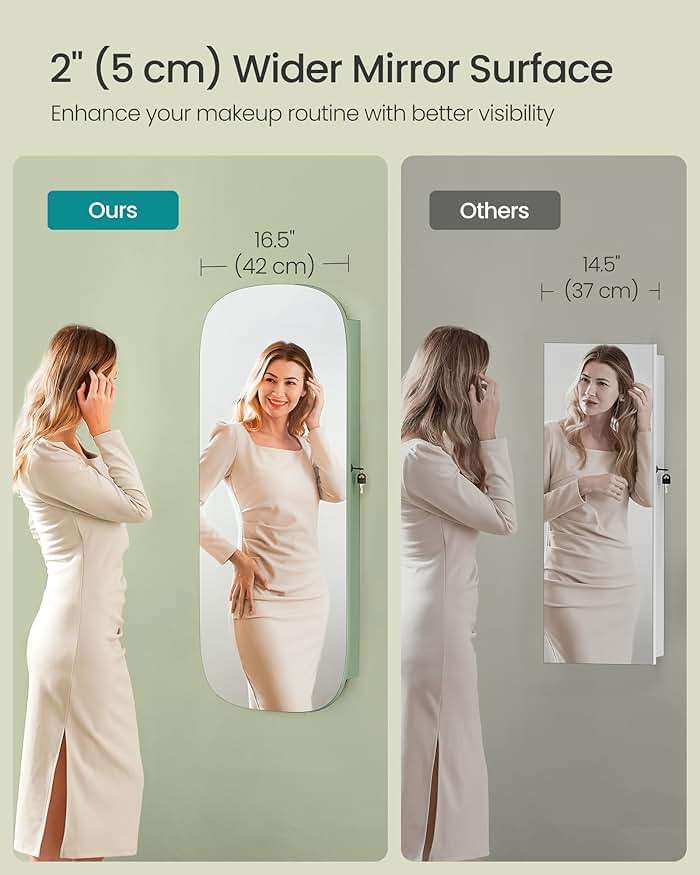 SONGMICS Jewelry Organizer, LED Jewelry Cabinet Wall/Door Mounted, Lockable Rounded Wide Mirror with Storage, Interior Mirror, 3.9 x 16.5 x 42.5 Inches, Laurel Green Surface with Cream White Lining - Image 5