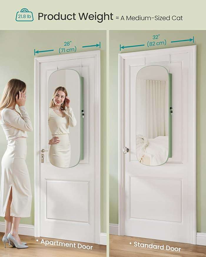 SONGMICS Jewelry Organizer, LED Jewelry Cabinet Wall/Door Mounted, Lockable Rounded Wide Mirror with Storage, Interior Mirror, 3.9 x 16.5 x 42.5 Inches, Laurel Green Surface with Cream White Lining - Image 7