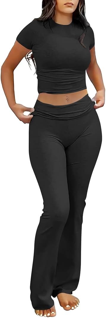 ANRABESS 2 Piece Lounge sets for Women | Soft Comfy Stretchy, Crop Top & Foldover Flare Leggings, Yoga Workout Matching Outfits, Trendy Y2k, Summer Wear Fall Layer - Product Image