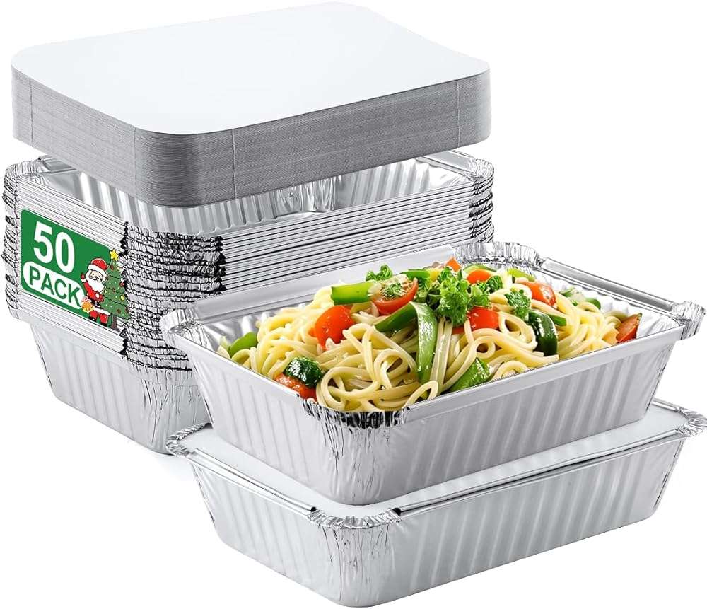 NEEBAKE 50 Pack 8x6 Disposable Aluminum Pans with Lids Aluminum-Foil-Pans-Tin-Foil-Baking-Pans-Tin-Trays-Food-To-Go-Containers-for-Meal-Prep-Cooking-Roasting-Heating-Takeout - Image 1