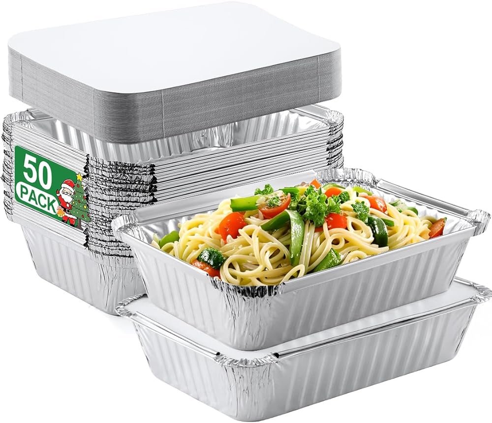 NEEBAKE 50 Pack 8x6 Disposable Aluminum Pans with Lids Aluminum-Foil-Pans-Tin-Foil-Baking-Pans-Tin-Trays-Food-To-Go-Containers-for-Meal-Prep-Cooking-Roasting-Heating-Takeout - Product Image
