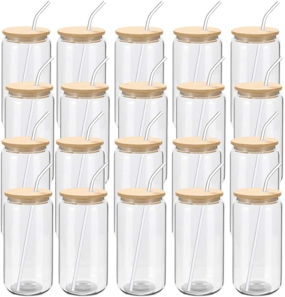 YOUKE OLA 20 Pack Glass Cups with Bamboo Lids and Glass Straw 16oz Beer Can Shaped Drinking Glasses Cups, Glass Tumbler Reusable Cute Cups for Whiskey, Iced Coffee, Tea, Soda, Cocktail, Gift, Clear - Image 1