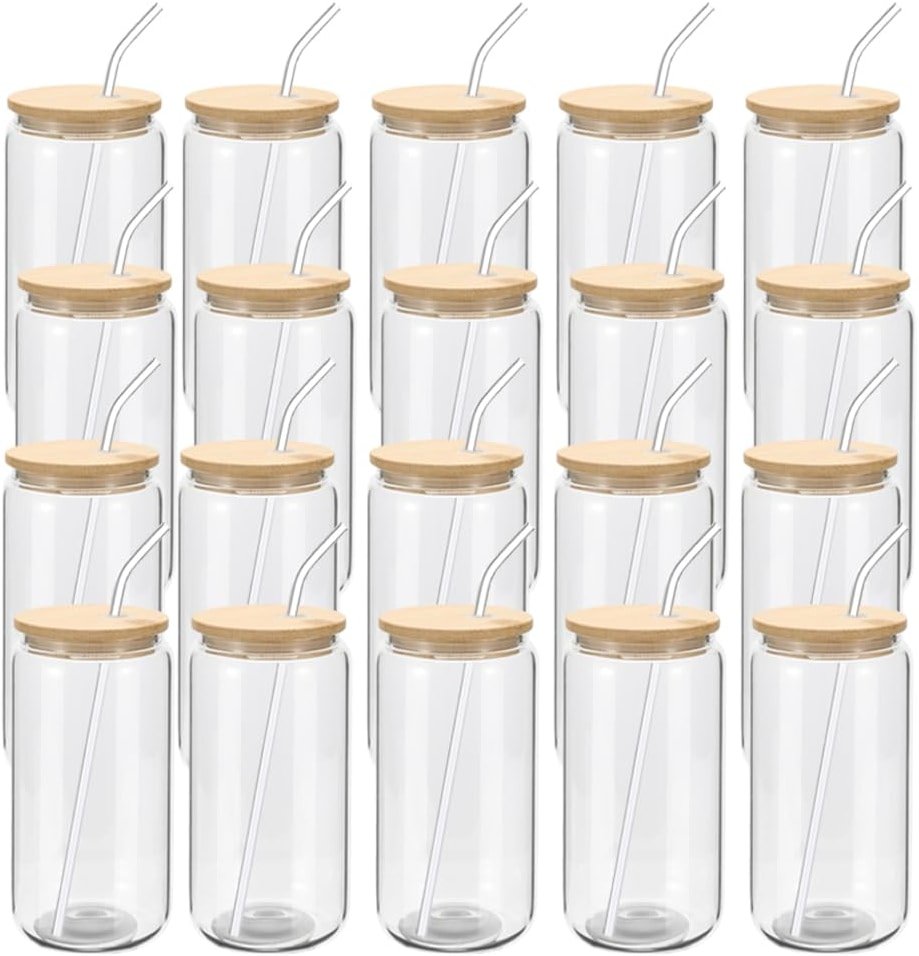 YOUKE OLA 20 Pack Glass Cups with Bamboo Lids and Glass Straw 16oz Beer Can Shaped Drinking Glasses Cups, Glass Tumbler Reusable Cute Cups for Whiskey, Iced Coffee, Tea, Soda, Cocktail, Gift, Clear - Product Image