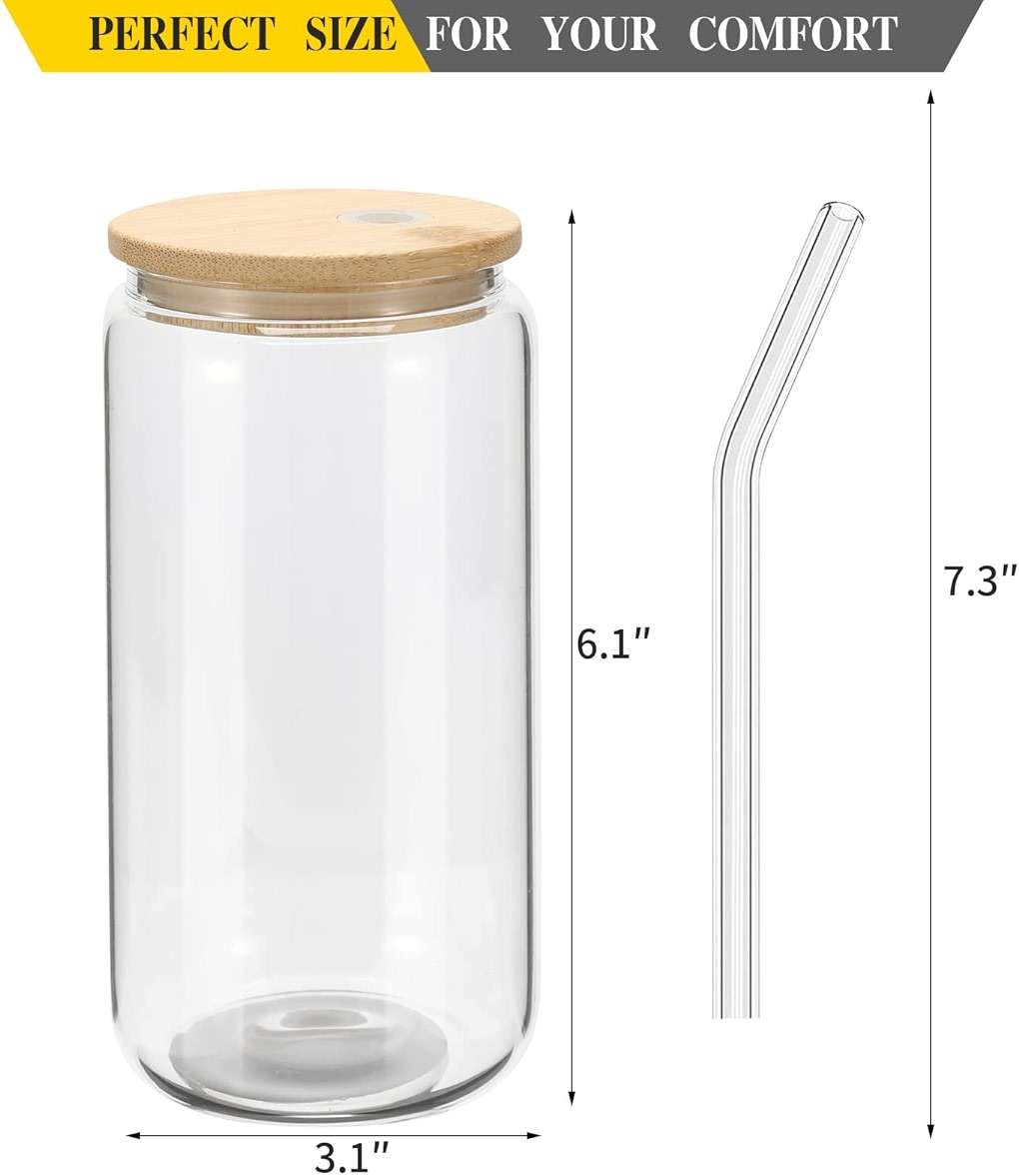 YOUKE OLA 20 Pack Glass Cups with Bamboo Lids and Glass Straw 16oz Beer Can Shaped Drinking Glasses Cups, Glass Tumbler Reusable Cute Cups for Whiskey, Iced Coffee, Tea, Soda, Cocktail, Gift, Clear - Image 3