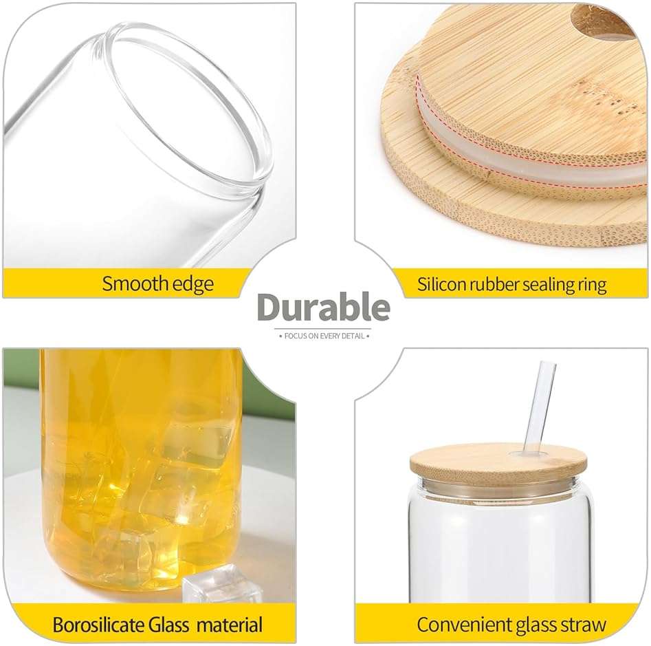 YOUKE OLA 20 Pack Glass Cups with Bamboo Lids and Glass Straw 16oz Beer Can Shaped Drinking Glasses Cups, Glass Tumbler Reusable Cute Cups for Whiskey, Iced Coffee, Tea, Soda, Cocktail, Gift, Clear - Image 4
