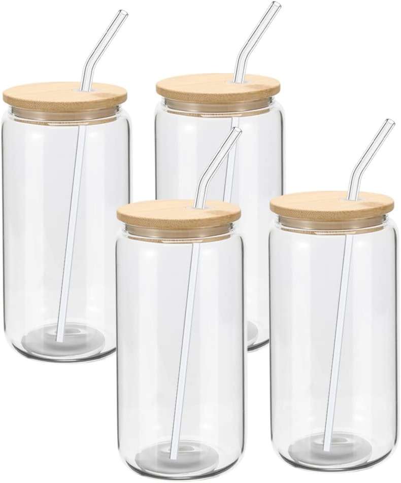 YOUKE OLA 20 Pack Glass Cups with Bamboo Lids and Glass Straw 16oz Beer Can Shaped Drinking Glasses Cups, Glass Tumbler Reusable Cute Cups for Whiskey, Iced Coffee, Tea, Soda, Cocktail, Gift, Clear - Image 6