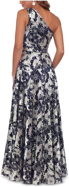 Betsy & Adam Women's Long Bodycon Sleeveless Boat Neck Evening Gown with Side Slit Ruffle - Image 2