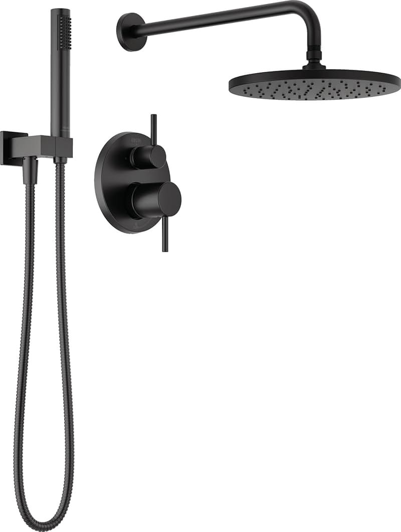 Delta Modern 14 Series Round Rain Shower System Faucet Set, Rainfall Matte Black Shower Head and Handle Set, Valve Trim Kit, 10 Inch, Matte Black 342702-BL - Product Image