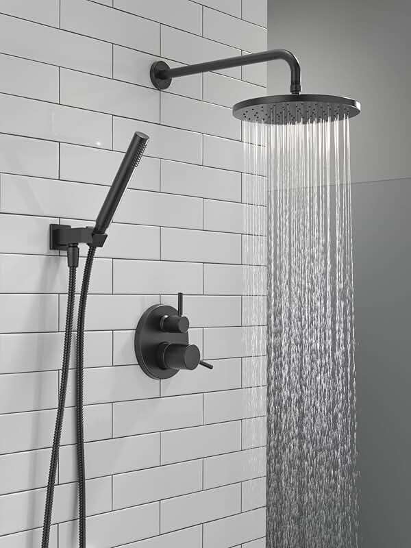 Delta Modern 14 Series Round Rain Shower System Faucet Set, Rainfall Matte Black Shower Head and Handle Set, Valve Trim Kit, 10 Inch, Matte Black 342702-BL - Image 2