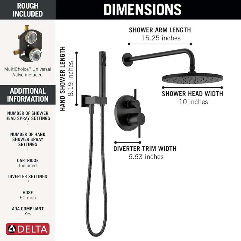 Delta Modern 14 Series Round Rain Shower System Faucet Set, Rainfall Matte Black Shower Head and Handle Set, Valve Trim Kit, 10 Inch, Matte Black 342702-BL - Image 3