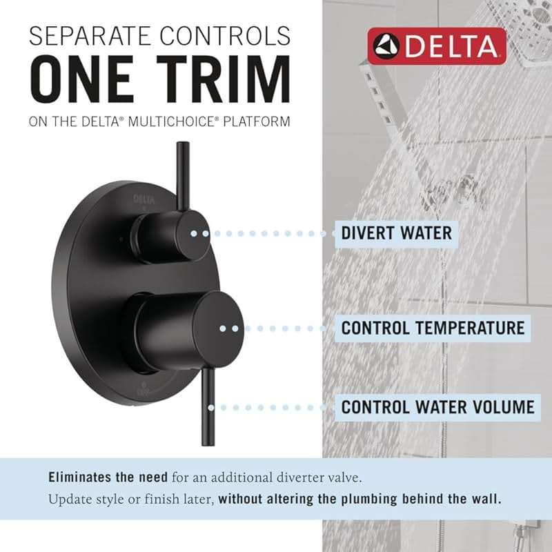 Delta Modern 14 Series Round Rain Shower System Faucet Set, Rainfall Matte Black Shower Head and Handle Set, Valve Trim Kit, 10 Inch, Matte Black 342702-BL - Image 4