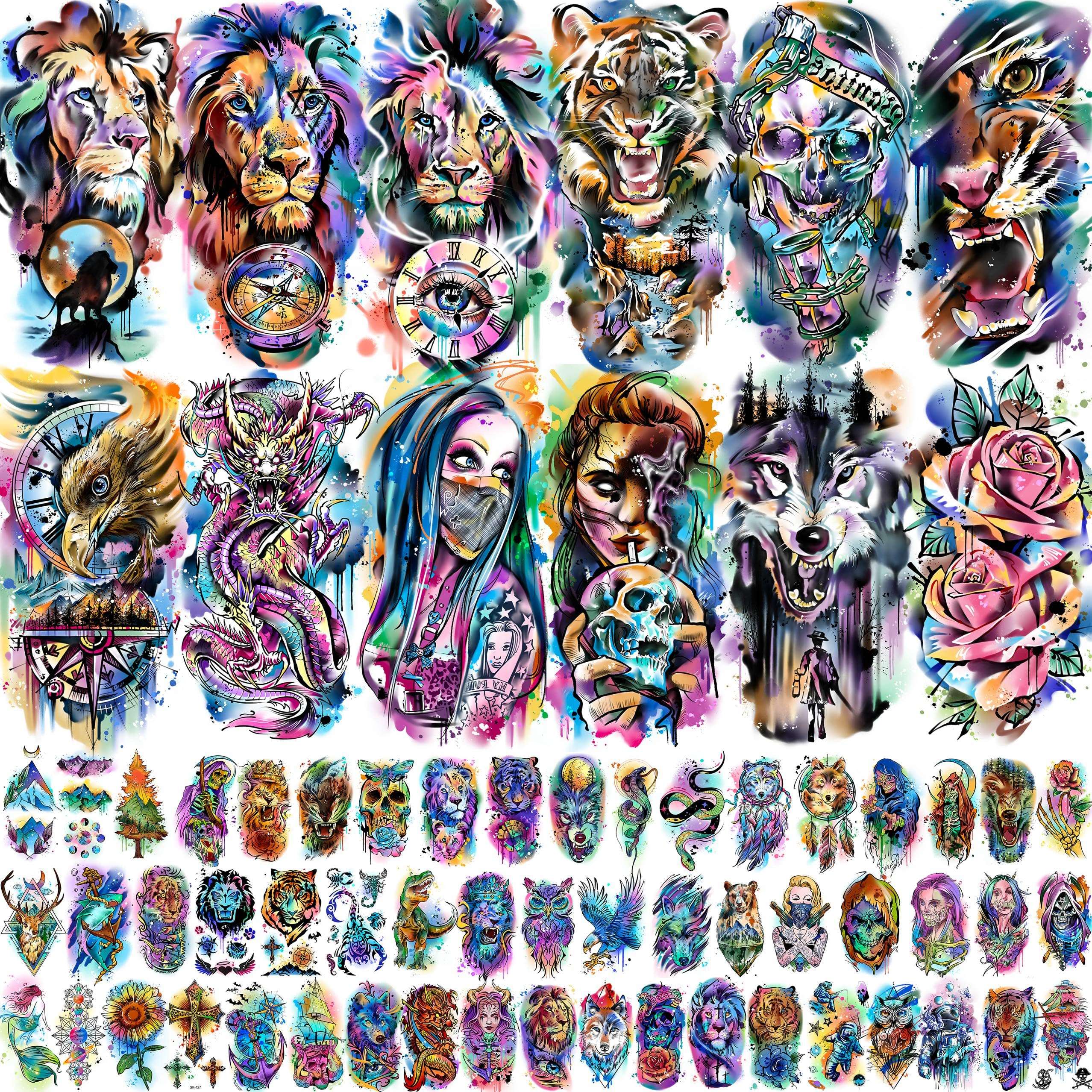 66 Sheets Watercolor Temporary Tattoos For Men Women Forearm Shoulder Legs Body Arm, 12 Sheets Long Lasting Lion Tiger Wolf Dragon Ealge Fake Tattoo Sleeve Adults, 54 Sheets Groovy Small Tatoos Kids - Image 1