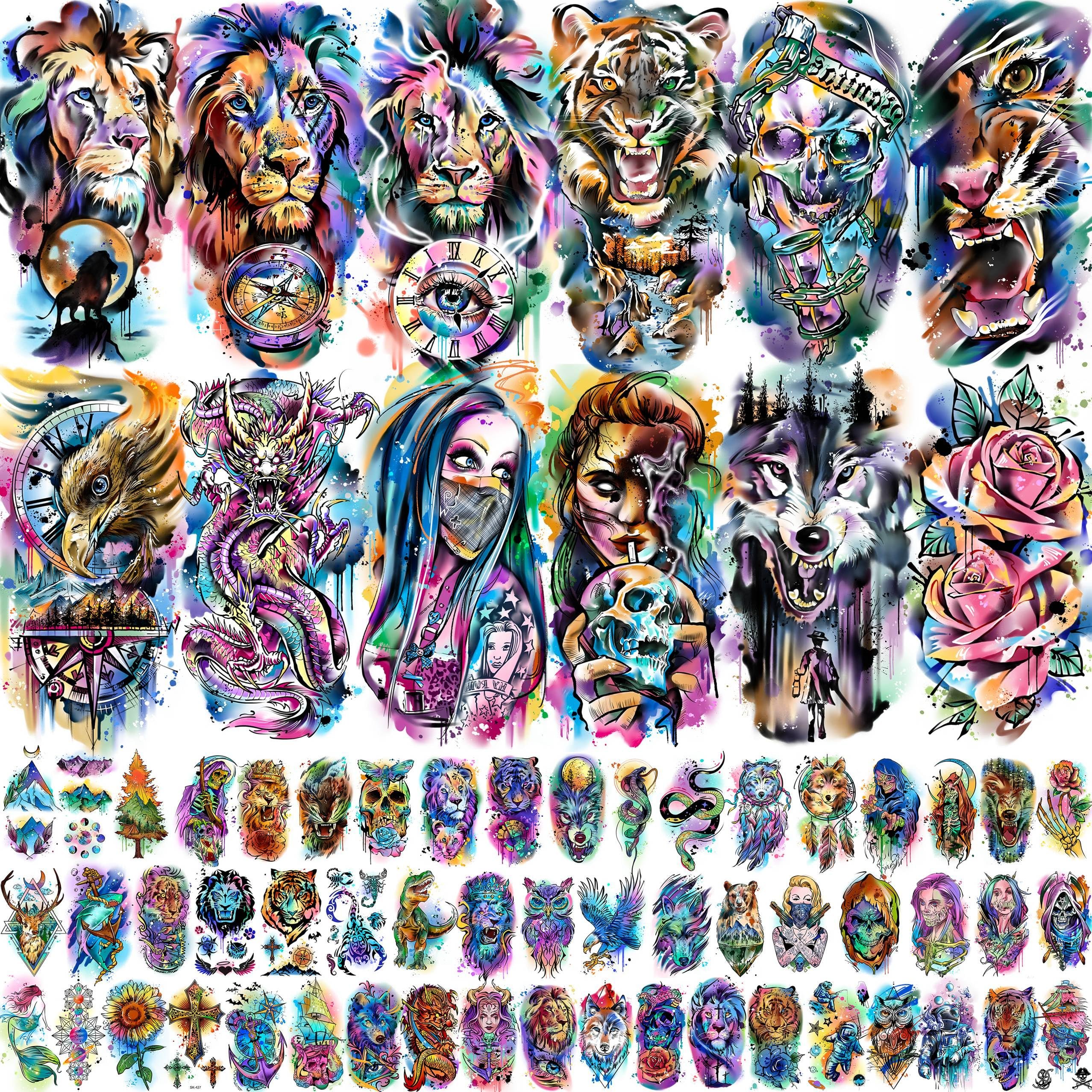 66 Sheets Watercolor Temporary Tattoos For Men Women Forearm Shoulder Legs Body Arm, 12 Sheets Long Lasting Lion Tiger Wolf Dragon Ealge Fake Tattoo Sleeve Adults, 54 Sheets Groovy Small Tatoos Kids - Product Image