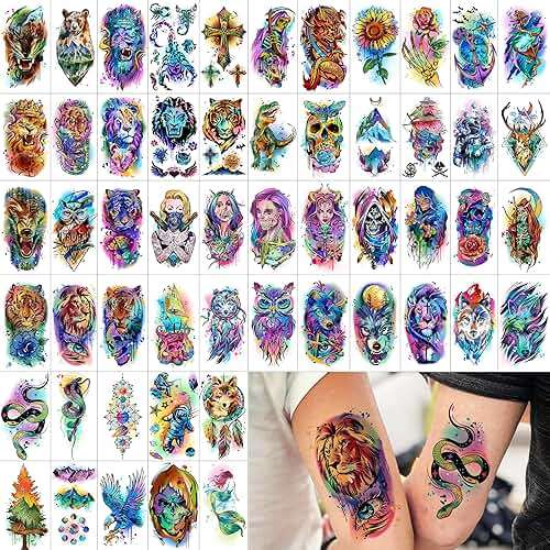 66 Sheets Watercolor Temporary Tattoos For Men Women Forearm Shoulder Legs Body Arm, 12 Sheets Long Lasting Lion Tiger Wolf Dragon Ealge Fake Tattoo Sleeve Adults, 54 Sheets Groovy Small Tatoos Kids - Image 2