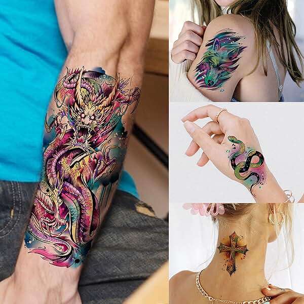 66 Sheets Watercolor Temporary Tattoos For Men Women Forearm Shoulder Legs Body Arm, 12 Sheets Long Lasting Lion Tiger Wolf Dragon Ealge Fake Tattoo Sleeve Adults, 54 Sheets Groovy Small Tatoos Kids - Image 5