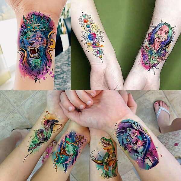 66 Sheets Watercolor Temporary Tattoos For Men Women Forearm Shoulder Legs Body Arm, 12 Sheets Long Lasting Lion Tiger Wolf Dragon Ealge Fake Tattoo Sleeve Adults, 54 Sheets Groovy Small Tatoos Kids - Image 6