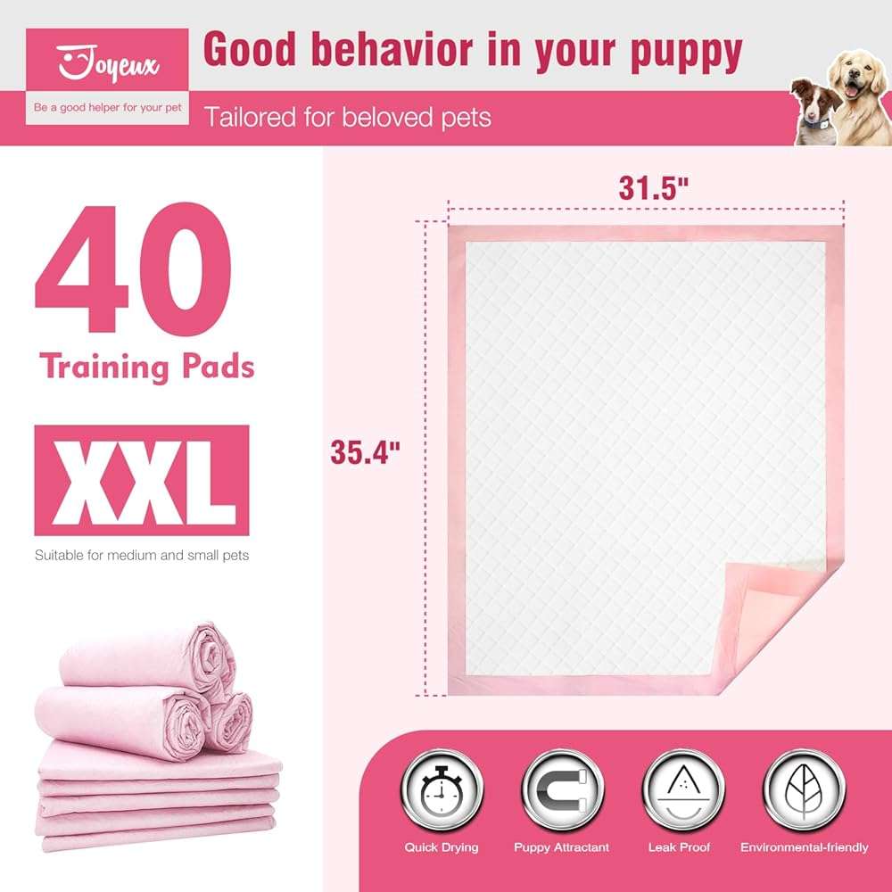 Joyeux Extra Large Puppy Pads, Super Absorbent, Ultra Leak-Proof, Quick Dry - 31.5" x 35.4" Pee Pads for Dogs - Dog Pads for Potty Training, 40 Count, Unscented, Pink, XXL - Image 2