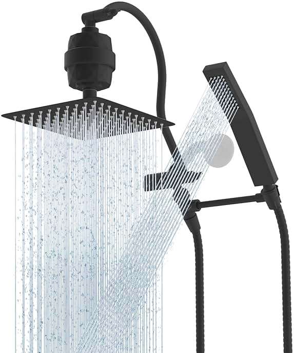 Hibbent All Metal 10'' Filtered Rainfall Shower Head Combo, High Pressure Handheld Shower Wand, 12'' Adjustable Extension Arm, 20 Stage Shower Filter, 71'' Hose, Shower Head Holders, Matte Black - Image 1