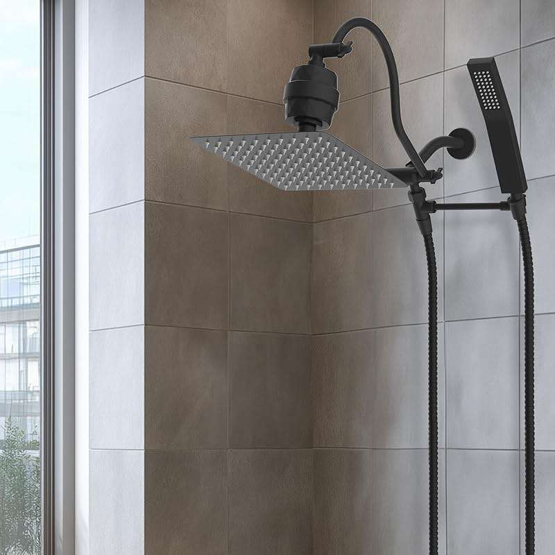 Hibbent All Metal 10'' Filtered Rainfall Shower Head Combo, High Pressure Handheld Shower Wand, 12'' Adjustable Extension Arm, 20 Stage Shower Filter, 71'' Hose, Shower Head Holders, Matte Black - Image 2
