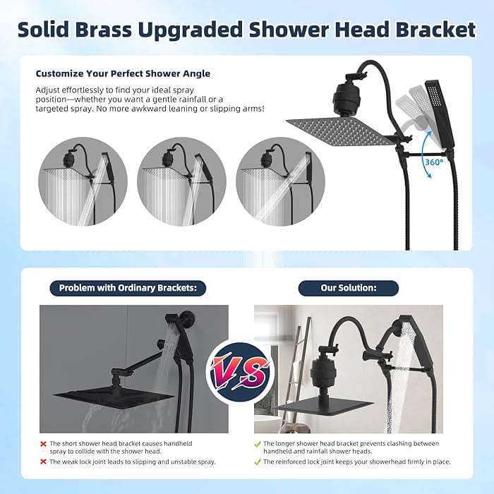 Hibbent All Metal 10'' Filtered Rainfall Shower Head Combo, High Pressure Handheld Shower Wand, 12'' Adjustable Extension Arm, 20 Stage Shower Filter, 71'' Hose, Shower Head Holders, Matte Black - Image 3