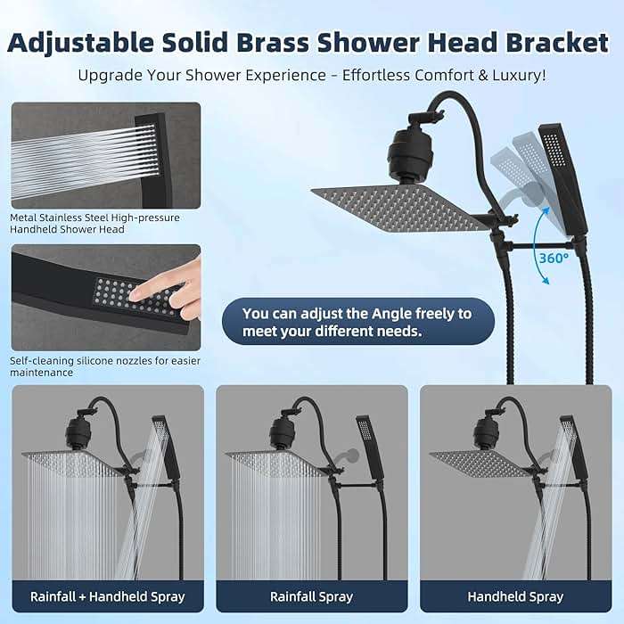 Hibbent All Metal 10'' Filtered Rainfall Shower Head Combo, High Pressure Handheld Shower Wand, 12'' Adjustable Extension Arm, 20 Stage Shower Filter, 71'' Hose, Shower Head Holders, Matte Black - Image 7