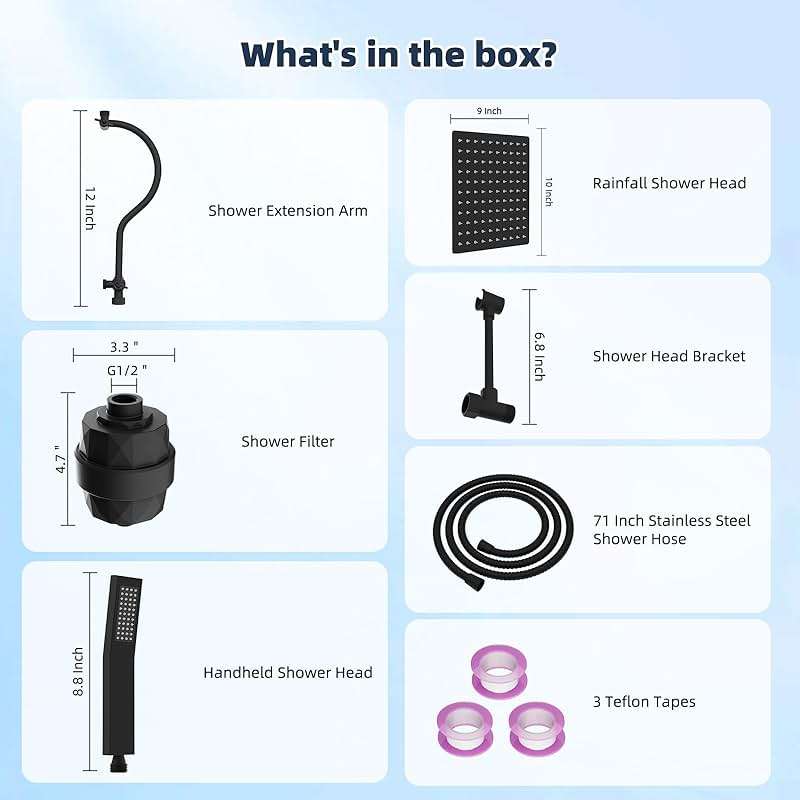Hibbent All Metal 10'' Filtered Rainfall Shower Head Combo, High Pressure Handheld Shower Wand, 12'' Adjustable Extension Arm, 20 Stage Shower Filter, 71'' Hose, Shower Head Holders, Matte Black - Image 8