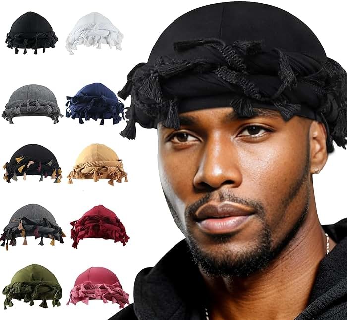 Babalet Halo Turban for Men Women Satin Lined Durag Head Wraps Skull Cap Pre-Tied Tassels Braid Beanie Vintage Twist Bonnet - Product Image