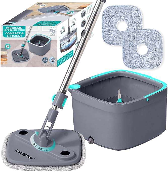 TRUE & TIDY Square Spin Mop & Bucket System – Dual Chamber for Clean & Dirty Water, 360° Rotating Self-Wringing Mop with Built-in Scrub Brush, Stainless Steel Handle & 2 Reusable Microfiber Mop Pads - Image 1