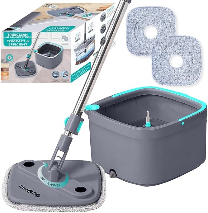 TRUE & TIDY Square Spin Mop & Bucket System – Dual Chamber for Clean & Dirty Water, 360° Rotating Self-Wringing Mop with Built-in Scrub Brush, Stainless Steel Handle & 2 Reusable Microfiber Mop Pads - Product Image