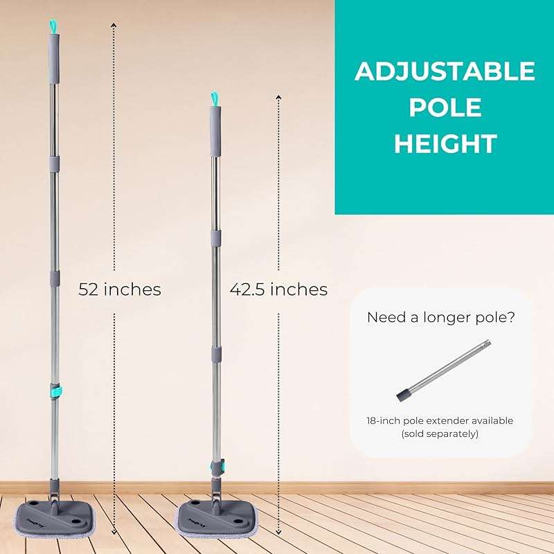 TRUE & TIDY Square Spin Mop & Bucket System – Dual Chamber for Clean & Dirty Water, 360° Rotating Self-Wringing Mop with Built-in Scrub Brush, Stainless Steel Handle & 2 Reusable Microfiber Mop Pads - Image 2