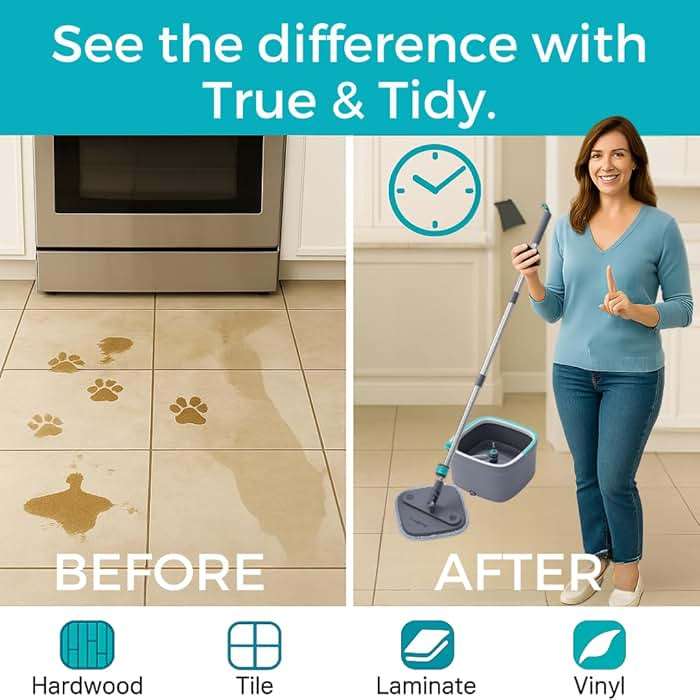 TRUE & TIDY Square Spin Mop & Bucket System – Dual Chamber for Clean & Dirty Water, 360° Rotating Self-Wringing Mop with Built-in Scrub Brush, Stainless Steel Handle & 2 Reusable Microfiber Mop Pads - Image 4