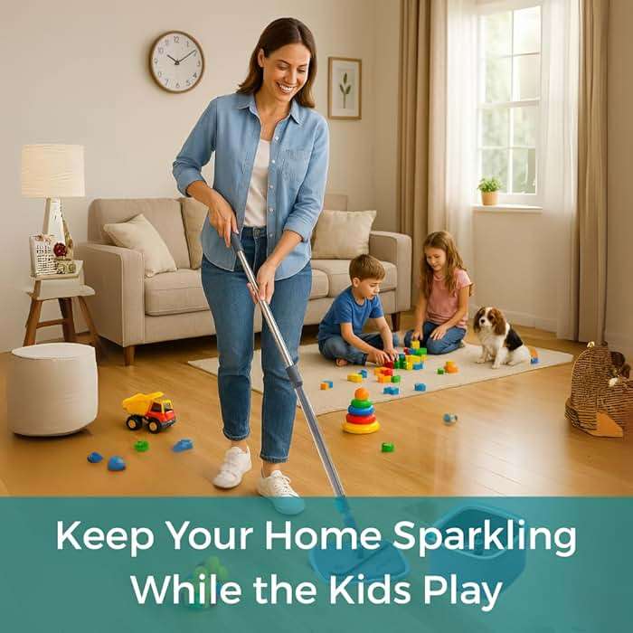 TRUE & TIDY Square Spin Mop & Bucket System – Dual Chamber for Clean & Dirty Water, 360° Rotating Self-Wringing Mop with Built-in Scrub Brush, Stainless Steel Handle & 2 Reusable Microfiber Mop Pads - Image 5