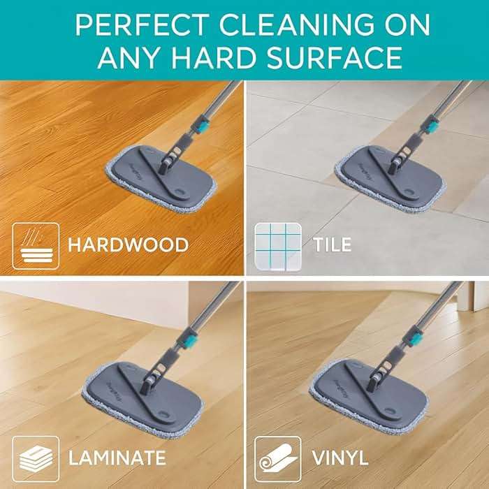 TRUE & TIDY Square Spin Mop & Bucket System – Dual Chamber for Clean & Dirty Water, 360° Rotating Self-Wringing Mop with Built-in Scrub Brush, Stainless Steel Handle & 2 Reusable Microfiber Mop Pads - Image 6