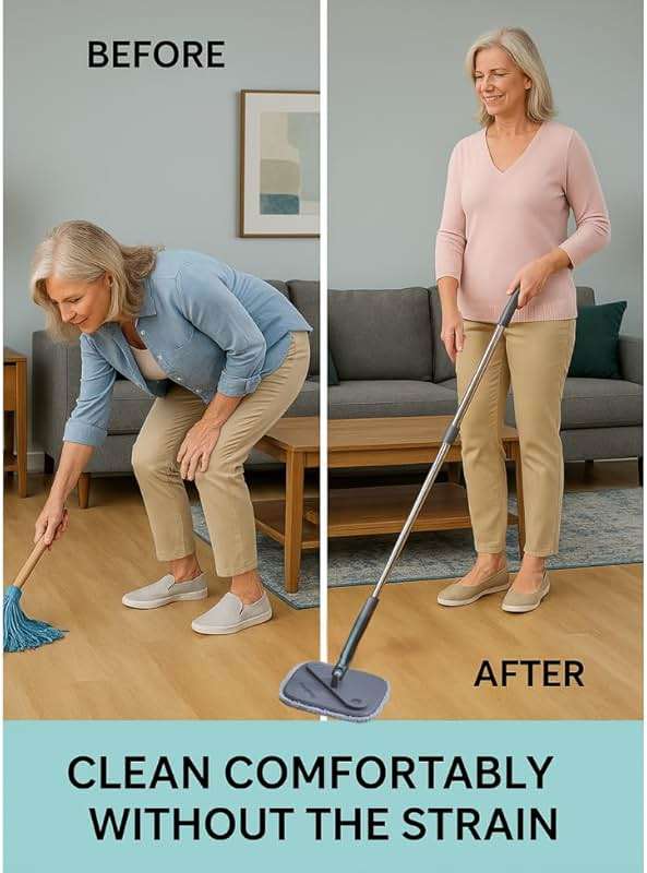 TRUE & TIDY Square Spin Mop & Bucket System – Dual Chamber for Clean & Dirty Water, 360° Rotating Self-Wringing Mop with Built-in Scrub Brush, Stainless Steel Handle & 2 Reusable Microfiber Mop Pads - Image 7