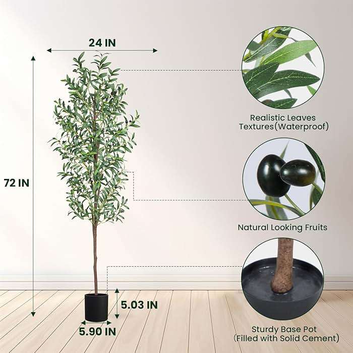 CETRD Artificial Olive Tree, 6FT Tall Faux Olive Trees 72in Outdoor Fake Potted Silk Plant with Trunk and Realistic 648 Leaves and 24 Fruits for Modern Office Home Decor Indoor(1pack) - Image 2