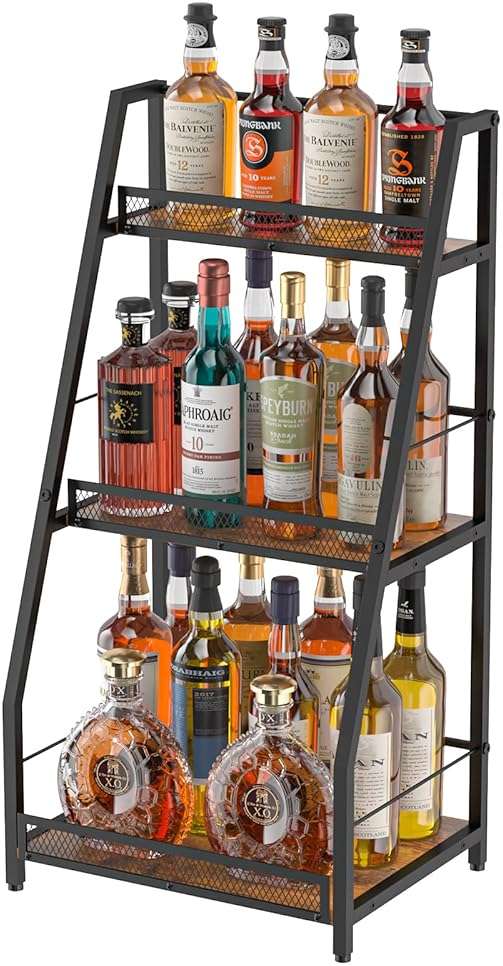 3-Tier Liquor Stand for Home Bar, Stepped Wine Rack Freestanding Floor for Liquor Whiskey Wine, Versatile Corner Wine Bottle Display Stand with Fences, Vintage Brown, Safe Height for Kids & Pets - Image 1