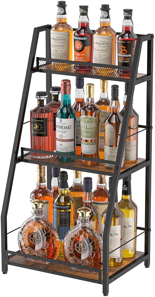 3-Tier Liquor Stand for Home Bar, Stepped Wine Rack Freestanding Floor for Liquor Whiskey Wine, Versatile Corner Wine Bottle Display Stand with Fences, Vintage Brown, Safe Height for Kids & Pets - Product Image