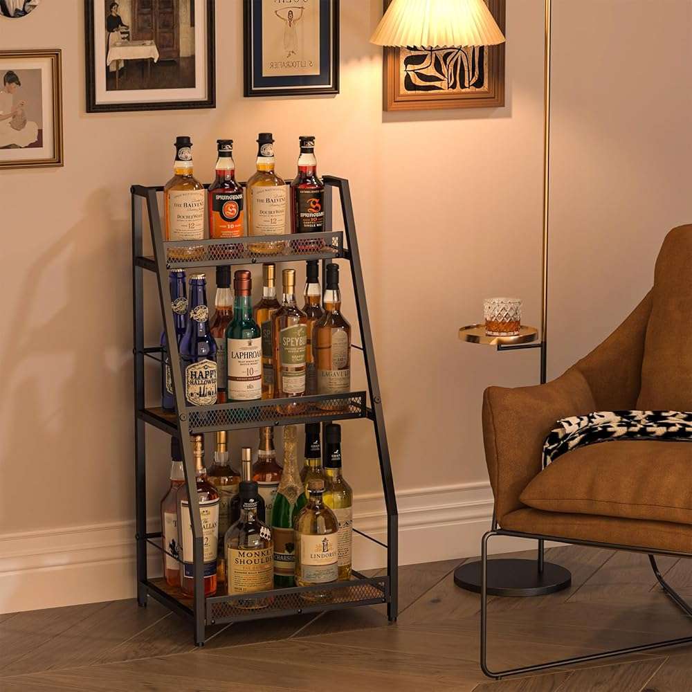 3-Tier Liquor Stand for Home Bar, Stepped Wine Rack Freestanding Floor for Liquor Whiskey Wine, Versatile Corner Wine Bottle Display Stand with Fences, Vintage Brown, Safe Height for Kids & Pets - Image 2