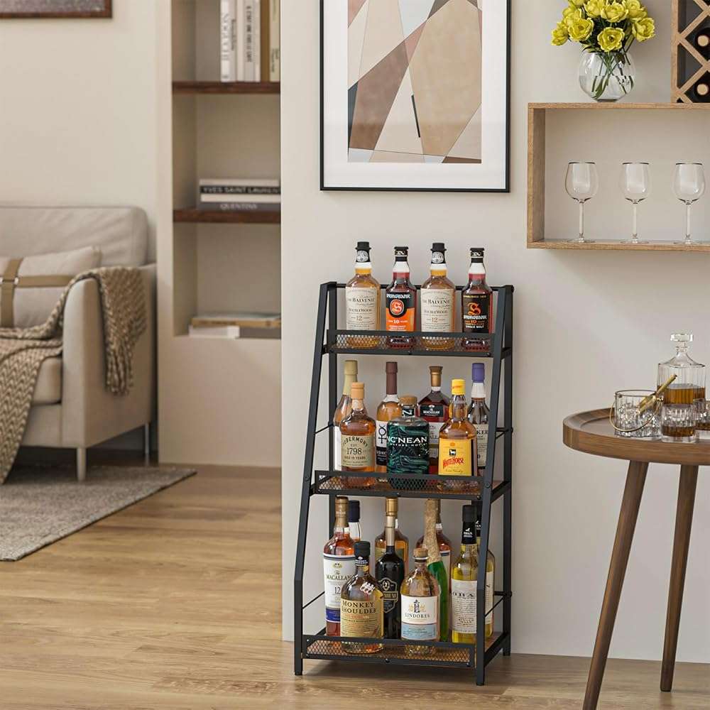 3-Tier Liquor Stand for Home Bar, Stepped Wine Rack Freestanding Floor for Liquor Whiskey Wine, Versatile Corner Wine Bottle Display Stand with Fences, Vintage Brown, Safe Height for Kids & Pets - Image 5
