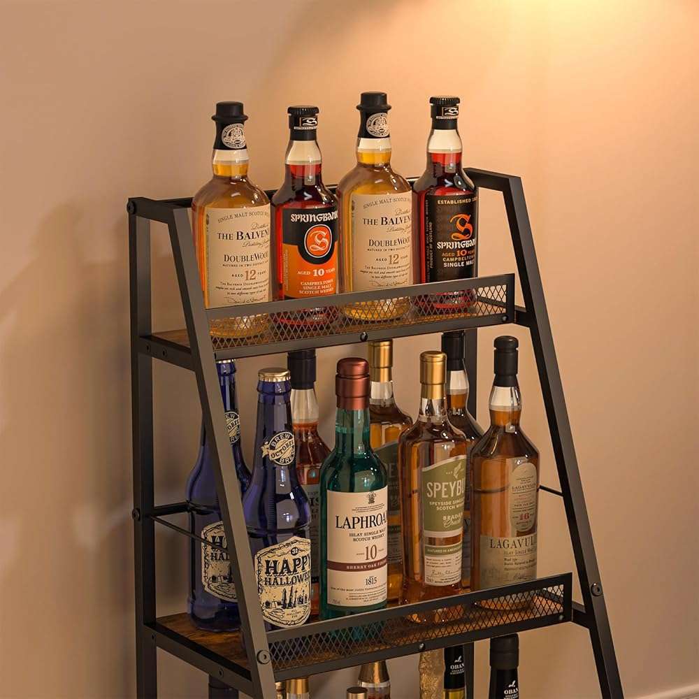 3-Tier Liquor Stand for Home Bar, Stepped Wine Rack Freestanding Floor for Liquor Whiskey Wine, Versatile Corner Wine Bottle Display Stand with Fences, Vintage Brown, Safe Height for Kids & Pets - Image 7