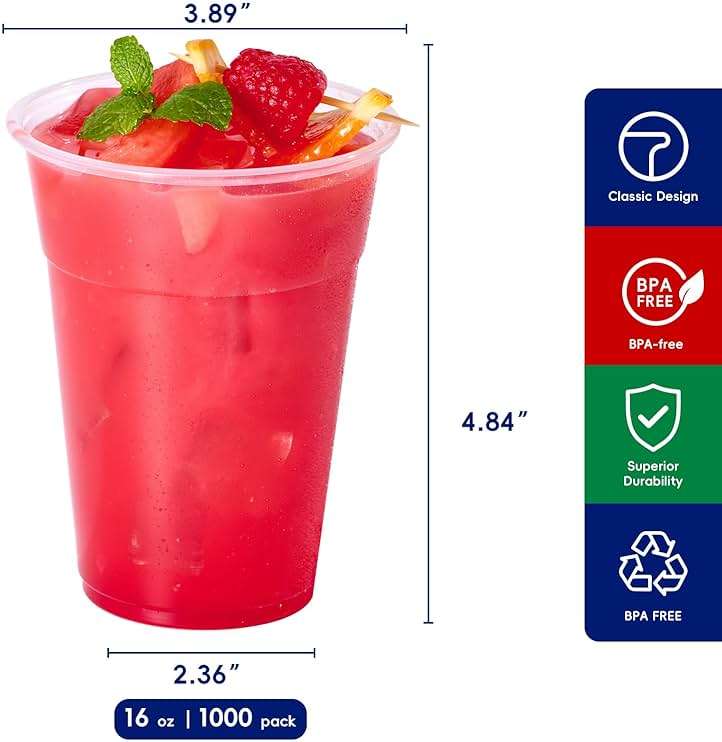 JOLLY CHEF ππππ ππππ€ 16 oz Clear Plastic Cups,Disposable Cups Drinking Cups for Ice Coffee,Milkshake, Cold Drinks - Image 3