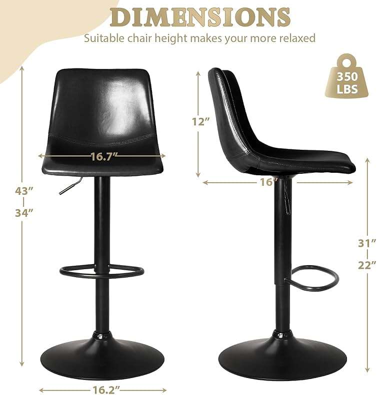 Lemebri Bar Stools Set of 4, Swivel Counter Height Barstools with Back, Adjustable PU Leather Bar Chair, Modern Armless Kitchen Island Stool, Black - Image 2
