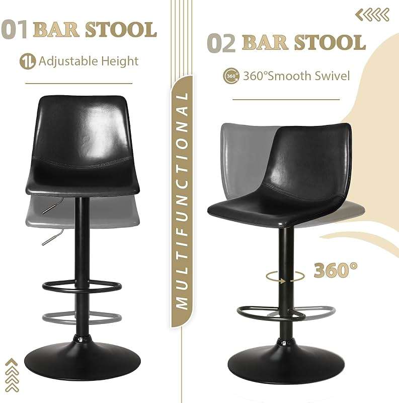 Lemebri Bar Stools Set of 4, Swivel Counter Height Barstools with Back, Adjustable PU Leather Bar Chair, Modern Armless Kitchen Island Stool, Black - Image 4