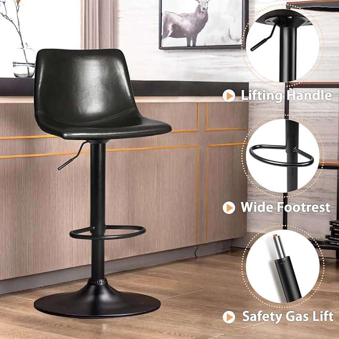 Lemebri Bar Stools Set of 4, Swivel Counter Height Barstools with Back, Adjustable PU Leather Bar Chair, Modern Armless Kitchen Island Stool, Black - Image 8