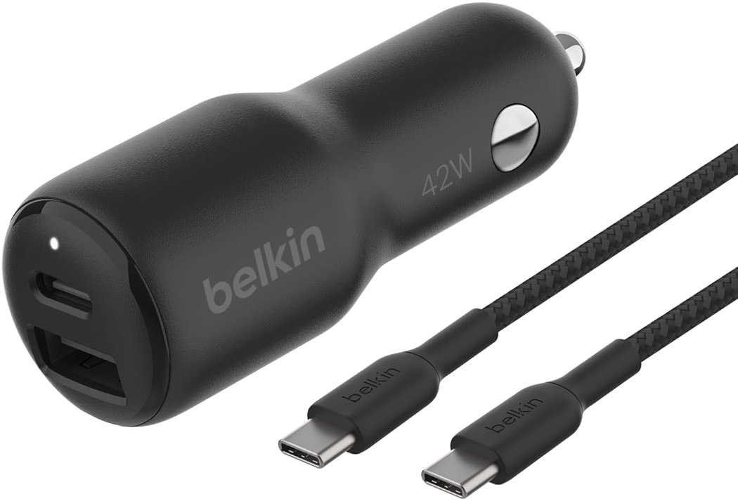 Belkin BoostCharge 42-Watt Dual Port Fast Car Charger w/30W USB-C & 12W USB-A Ports, USB-C to C Cable Included for iPhone 17, 17 Pro, Galaxy S26, S25, Pixel 10 & 9, Nintendo Switch 2 & More - Black - Product Image