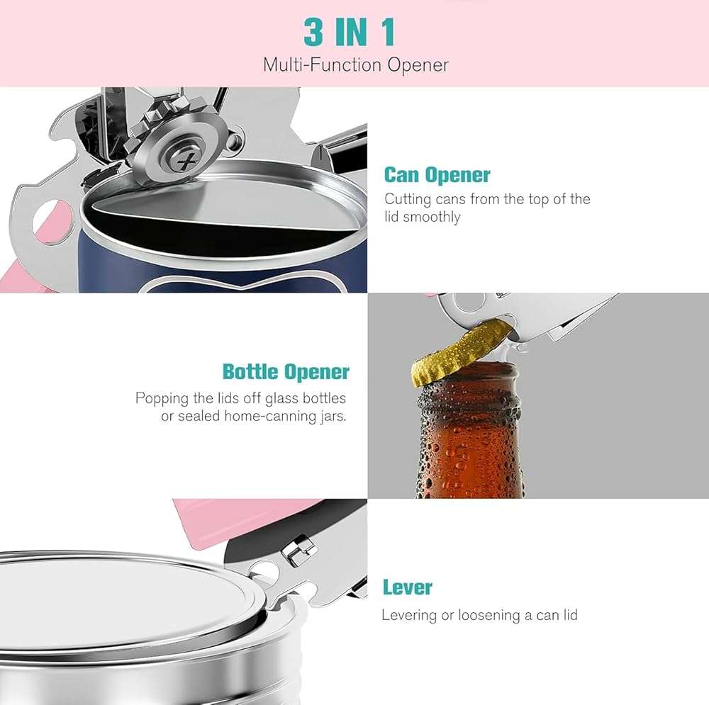 Can Opener,Professional 3-In-1 Multifunctional Manual Can Openers Bottle Opener,Kitchen Durable Stainless Steel Heavy Duty Can Opener Smooth Edge for Kitchen Seniors Friendly - Image 6