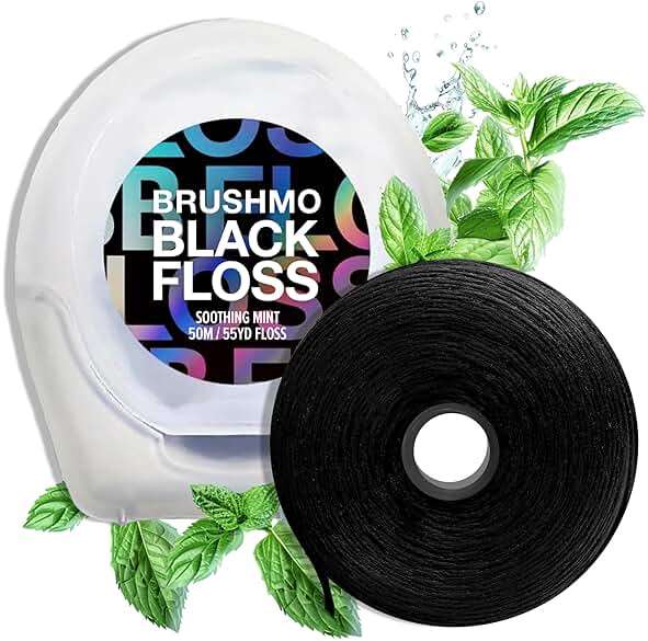 Brushmo Black Floss (BBFloss) - Expanding Floss, Gum-Friendly Soothing Mint Dental Floss, Natural Vegan Wax to Remove Plaque from Teeth, US-Dentist Designed PTFE & PFAS Free Oral Care, 1 Spool, 55 yd - Image 1