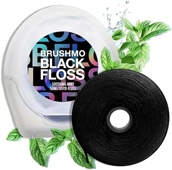 Brushmo Black Floss (BBFloss) - Expanding Floss, Gum-Friendly Soothing Mint Dental Floss, Natural Vegan Wax to Remove Plaque from Teeth, US-Dentist Designed PTFE & PFAS Free Oral Care, 1 Spool, 55 yd - Product Image