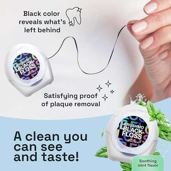 Brushmo Black Floss (BBFloss) - Expanding Floss, Gum-Friendly Soothing Mint Dental Floss, Natural Vegan Wax to Remove Plaque from Teeth, US-Dentist Designed PTFE & PFAS Free Oral Care, 1 Spool, 55 yd - Image 5